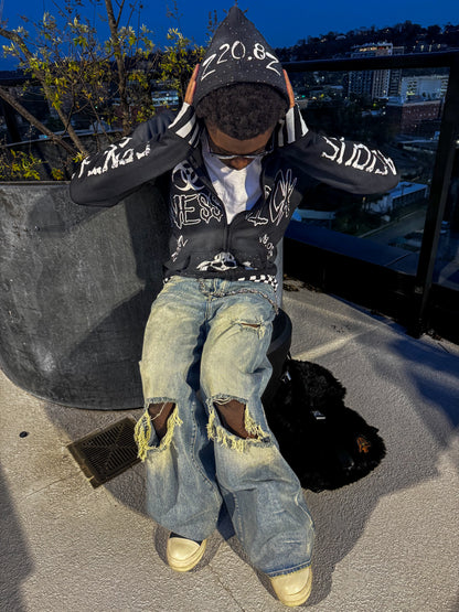 cropped black and white zip up hoodie